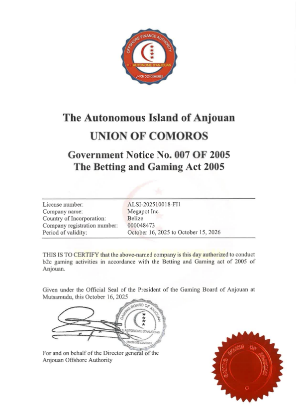 Certified Megapot License Certificate